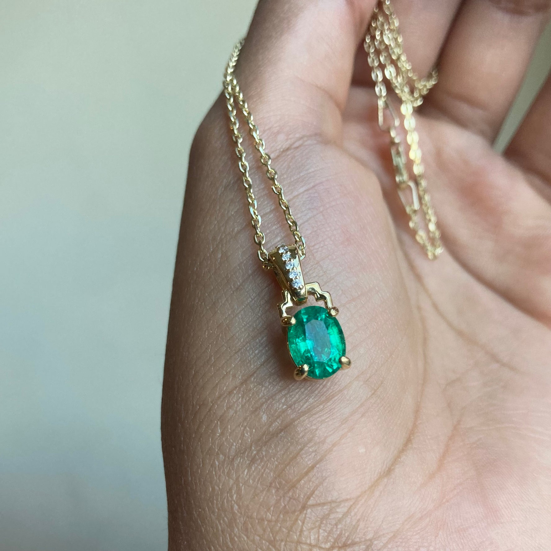 14k No Oil Zambian Emerald and Diamond Pendant