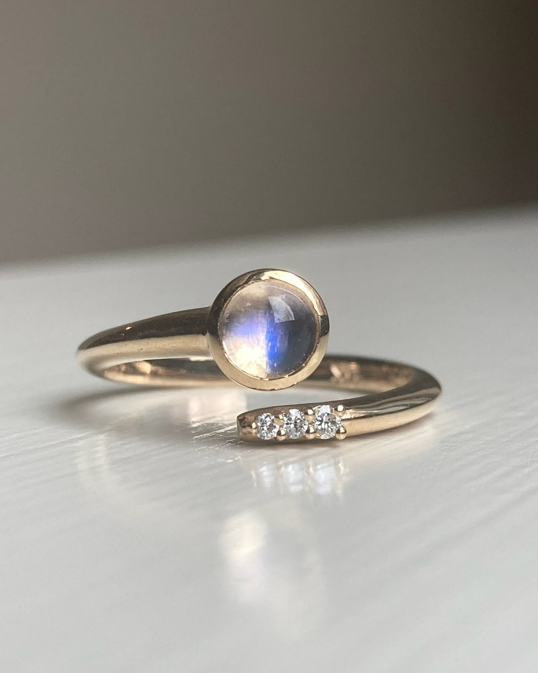 14k Moonstone and Diamond Crossover Ring