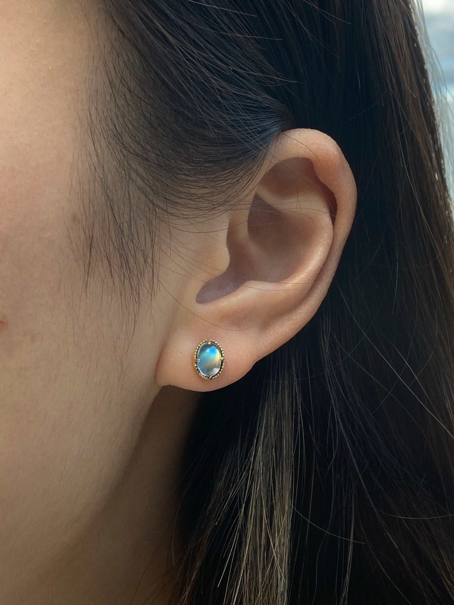 14k Moonstone Studs with Milgrain, single