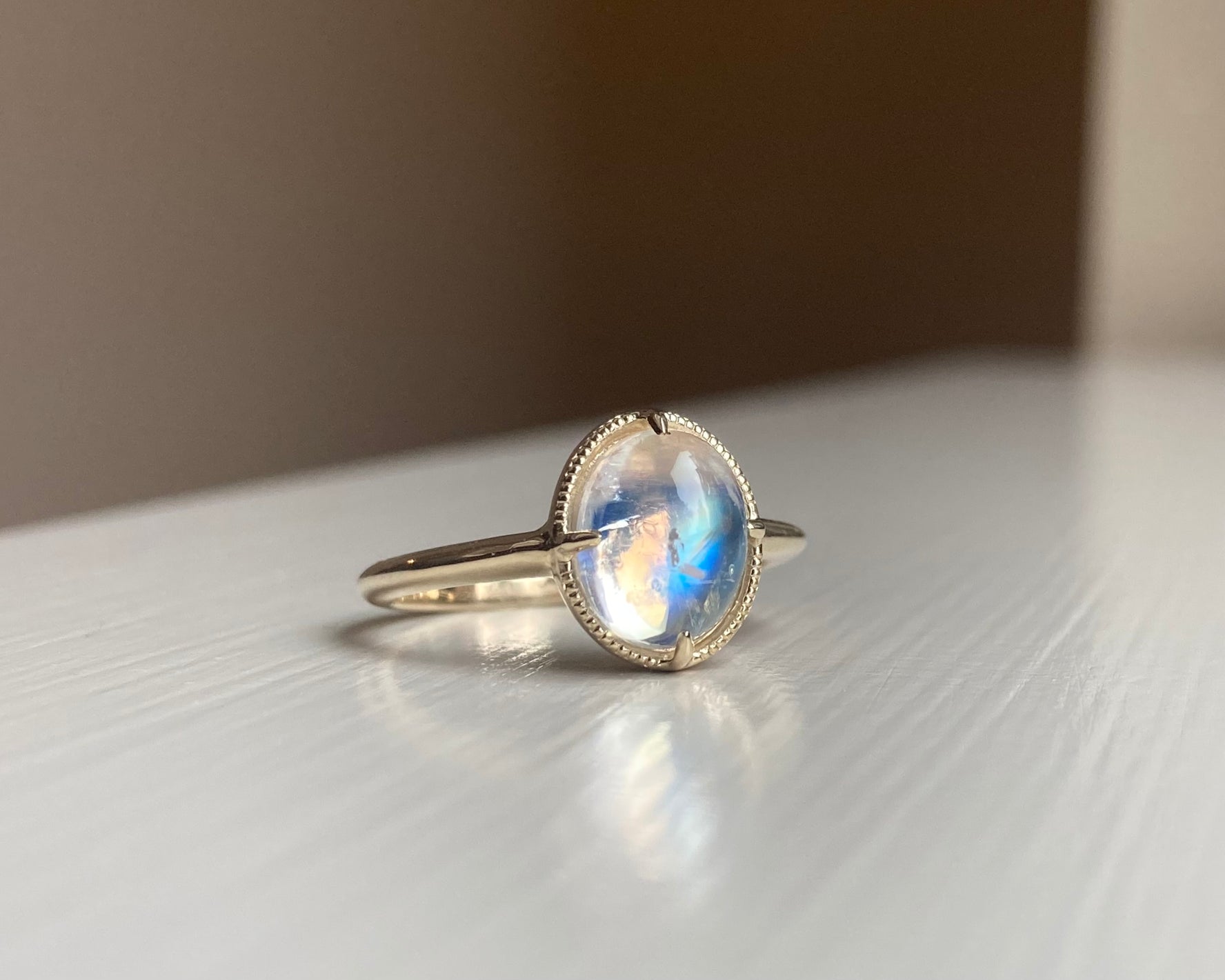 14k Rainbow Moonstone Ring with Milgrain