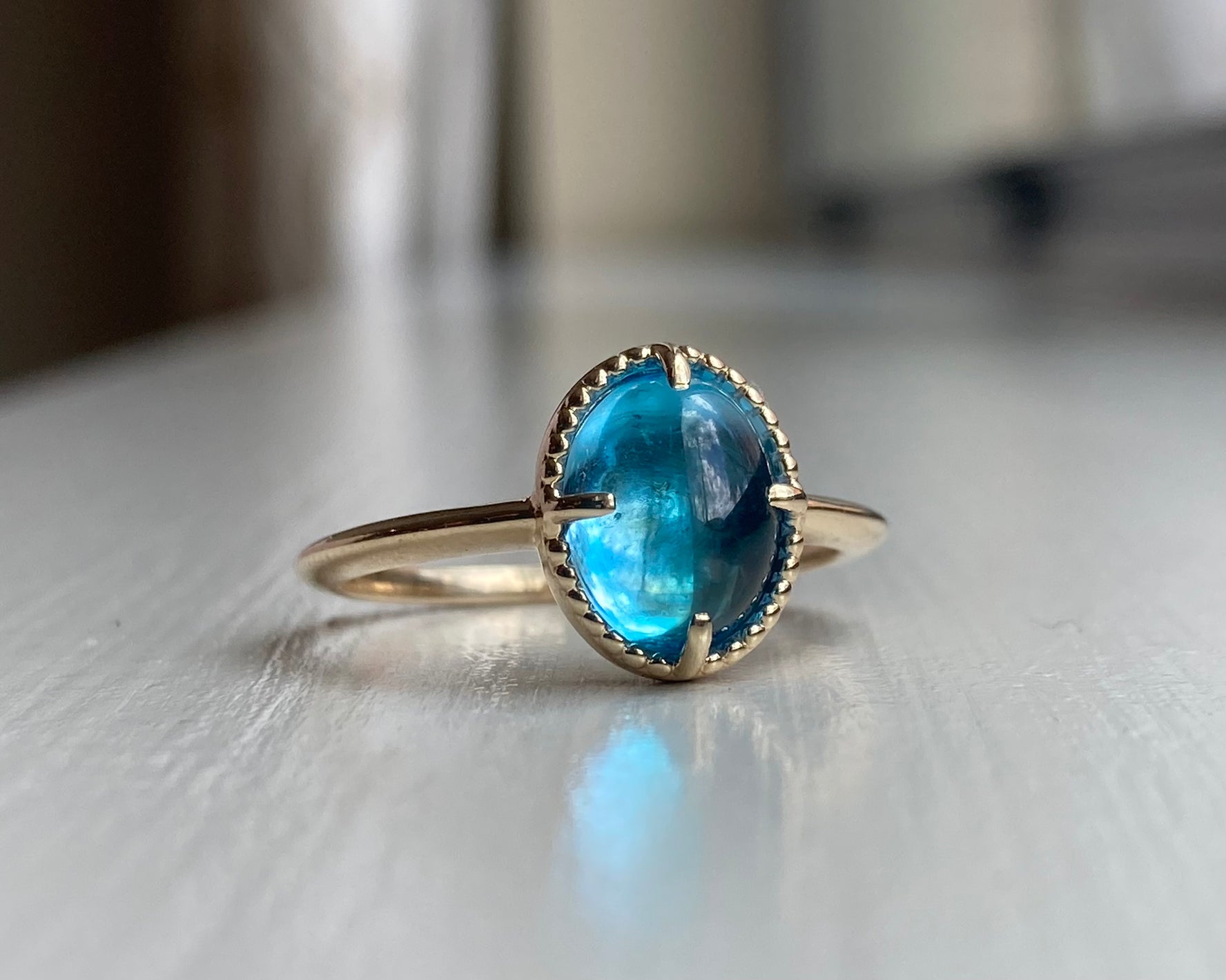 14k Swiss Blue Topaz Ring with Milgrain Detailing