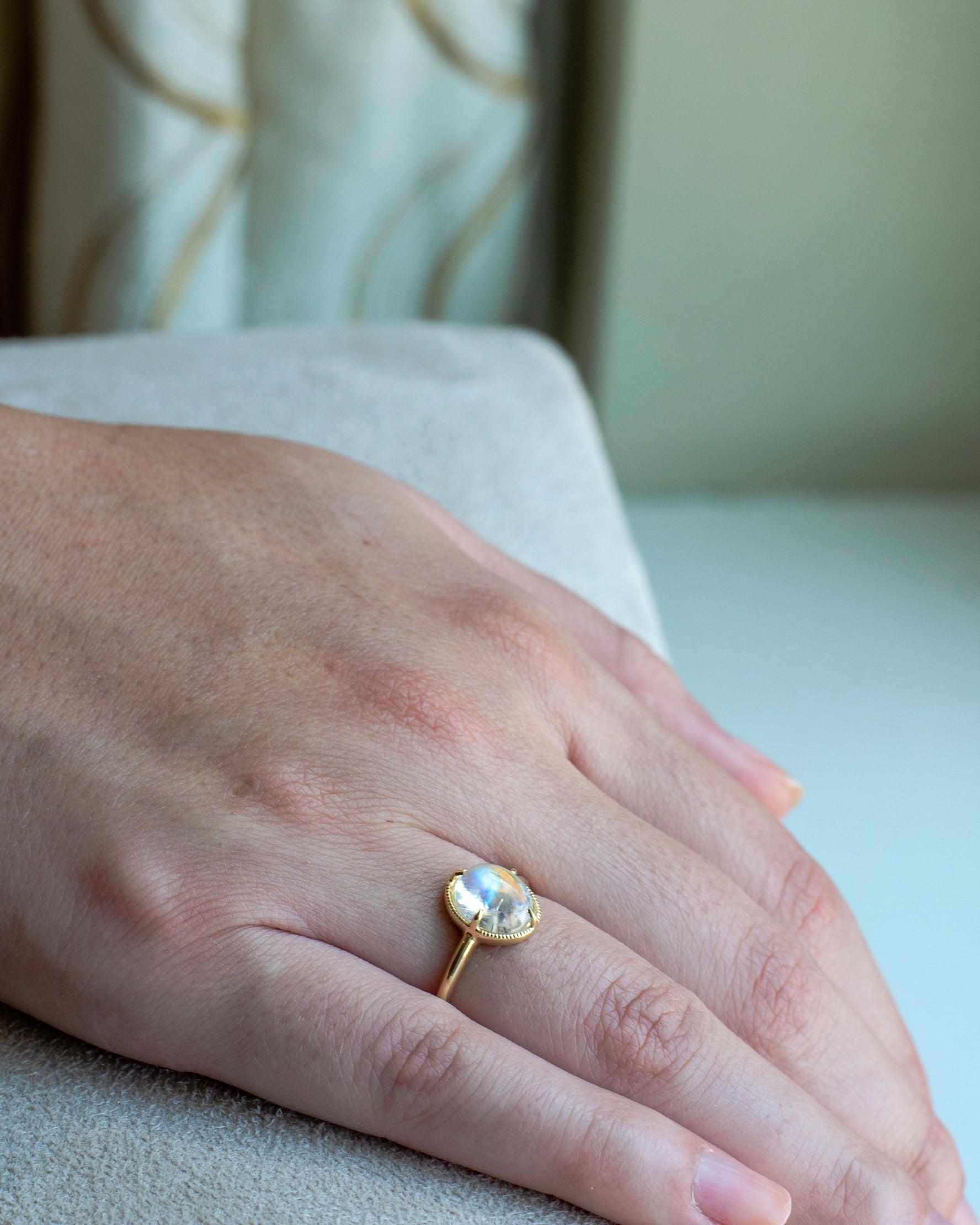 14k Rainbow Moonstone Ring with Milgrain